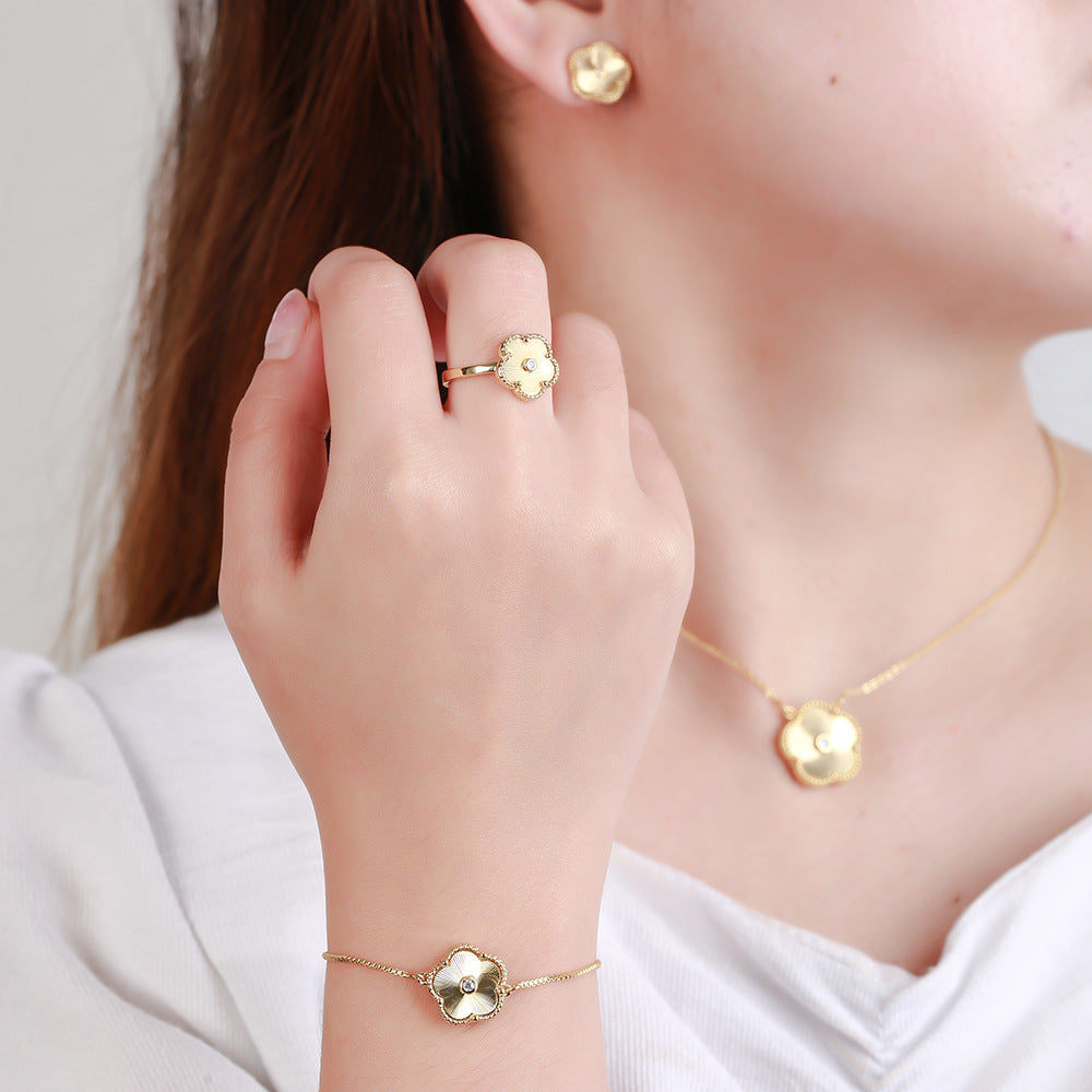 Gold Flower Bracelet Ring Earrings Women's Jewelry Set - FASHIONKULTUR