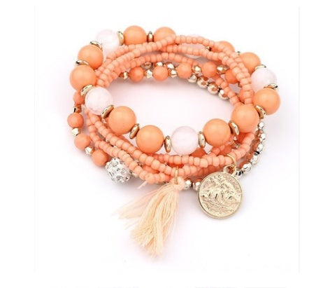 Bohemian head coin mixed color rice beads multi-layer bracelet tassel multi-layer elastic bracelet - FASHIONKULTUR