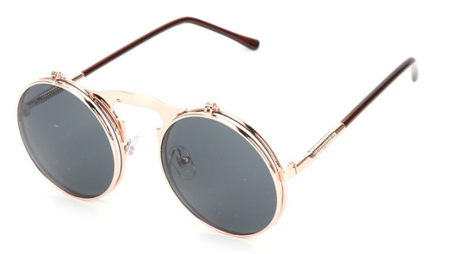 New Vintage Round Steampunk Sunglasses Flip-Up UV Protection Metal Frame Men And Women Summer Cycling Sun Glasses - FASHIONKULTUR
