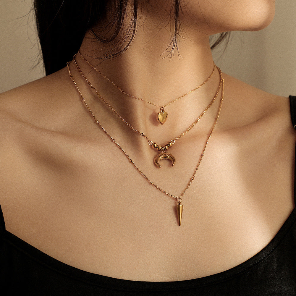 Stainless Steel Titanium Steel Three Layers Moon Love Rivet Pendant - FASHIONKULTUR
