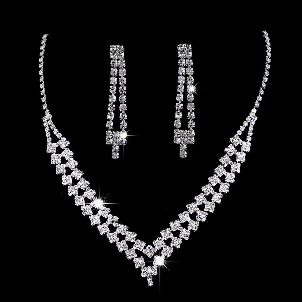 Brilliant Full Diamond Zircon Water Drop Necklace Eardrop Jewelry Set - FASHIONKULTUR