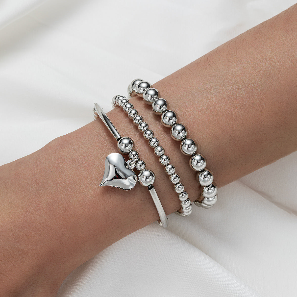 Bohemian Retro Style Love Pendant Elastic Bracelet 3-Piece Set - FASHIONKULTUR