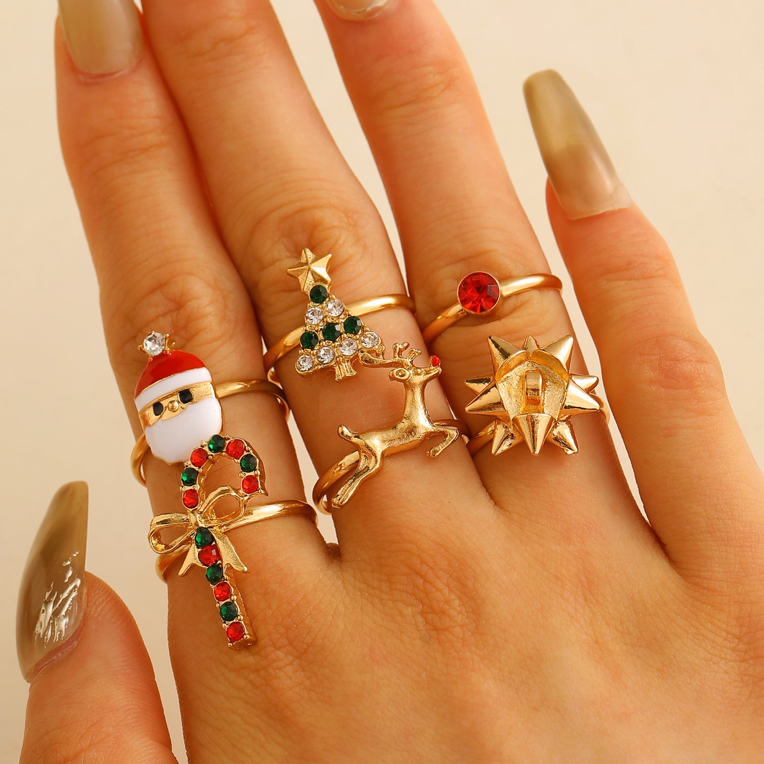6pcs Santa Claus Christmas Tree Elk Rings Cute Cartoon Christmas Open Adjustable Ring Oil Drop Jewelry - FASHIONKULTUR