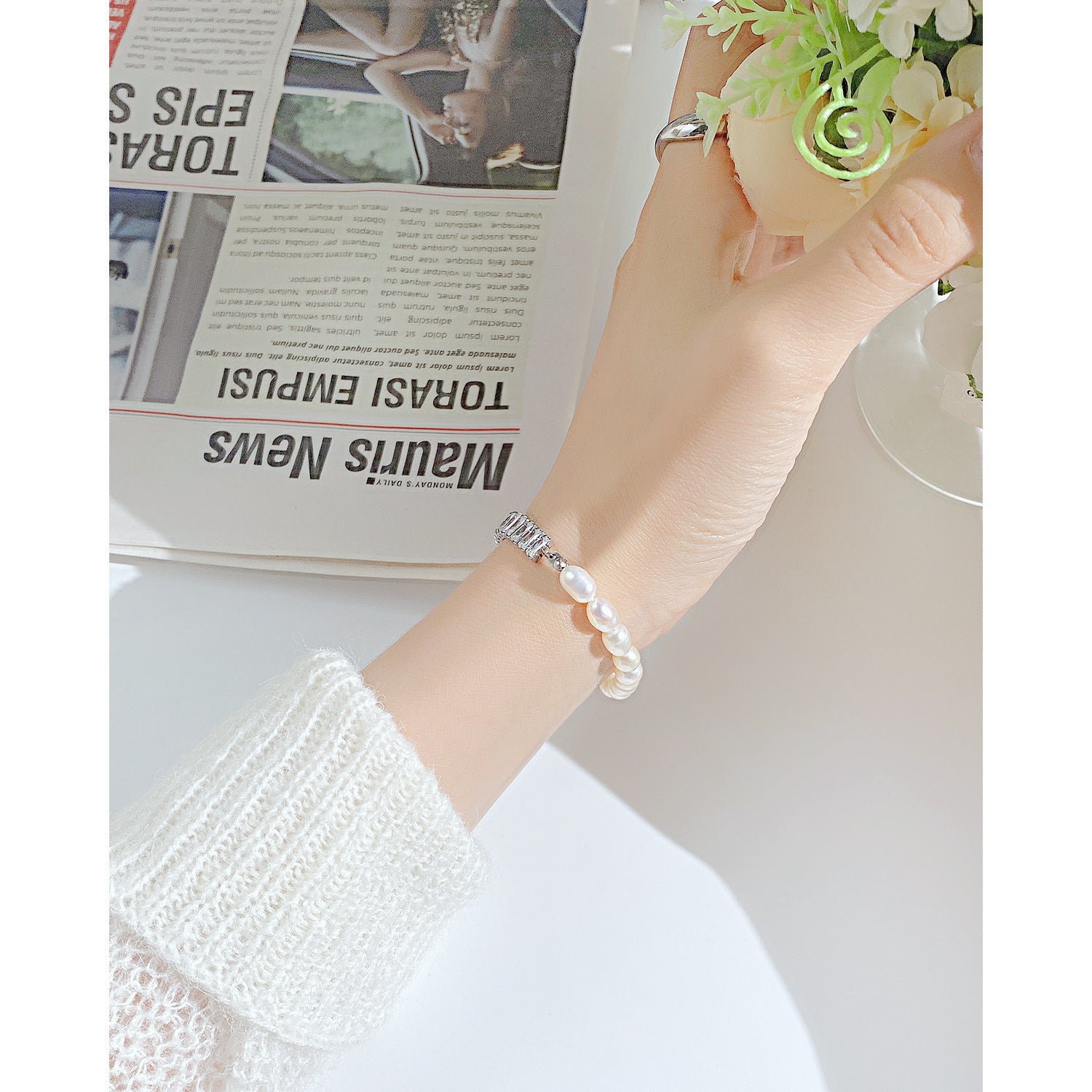 Stainless Steel Bracelet With Natural Freshwater Pearl And Chain Set Zircon - FASHIONKULTUR