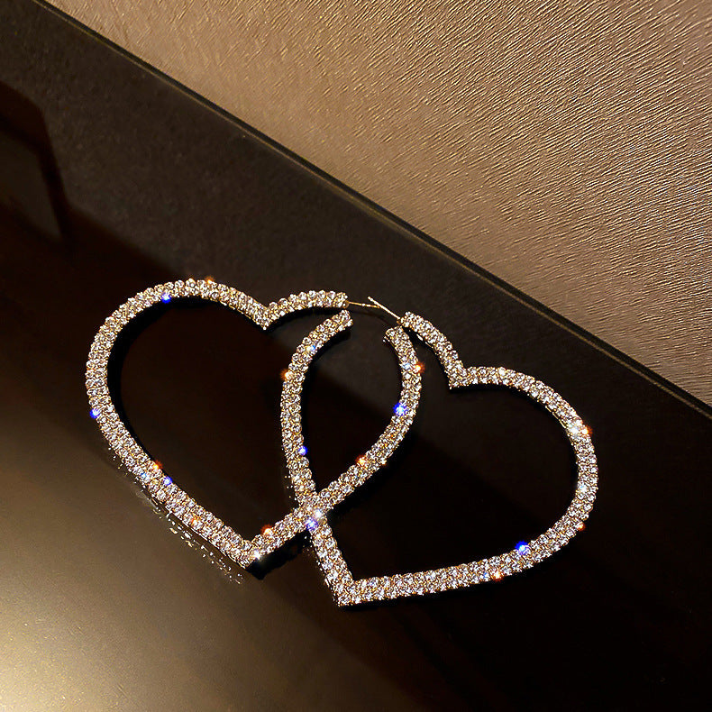 Silver Pin Exaggerated Full Diamond Love Earrings Fashion - FASHIONKULTUR