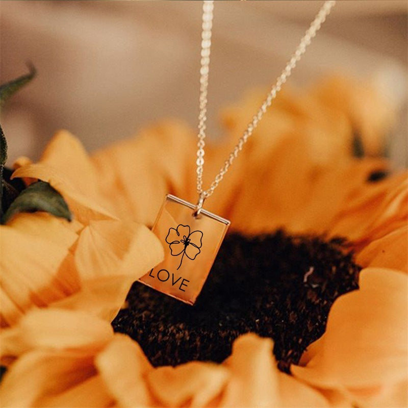 Square Stainless Steel Lettering Botanical Flower Name Necklace - FASHIONKULTUR