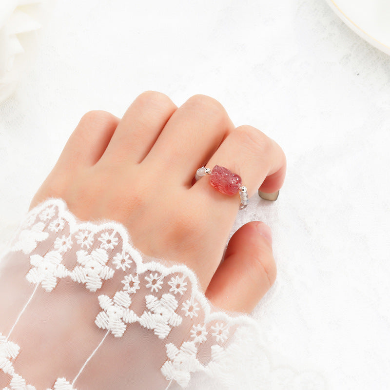 Crystal Ring Women's New Strawberry Crystal Grey Moonlight - FASHIONKULTUR
