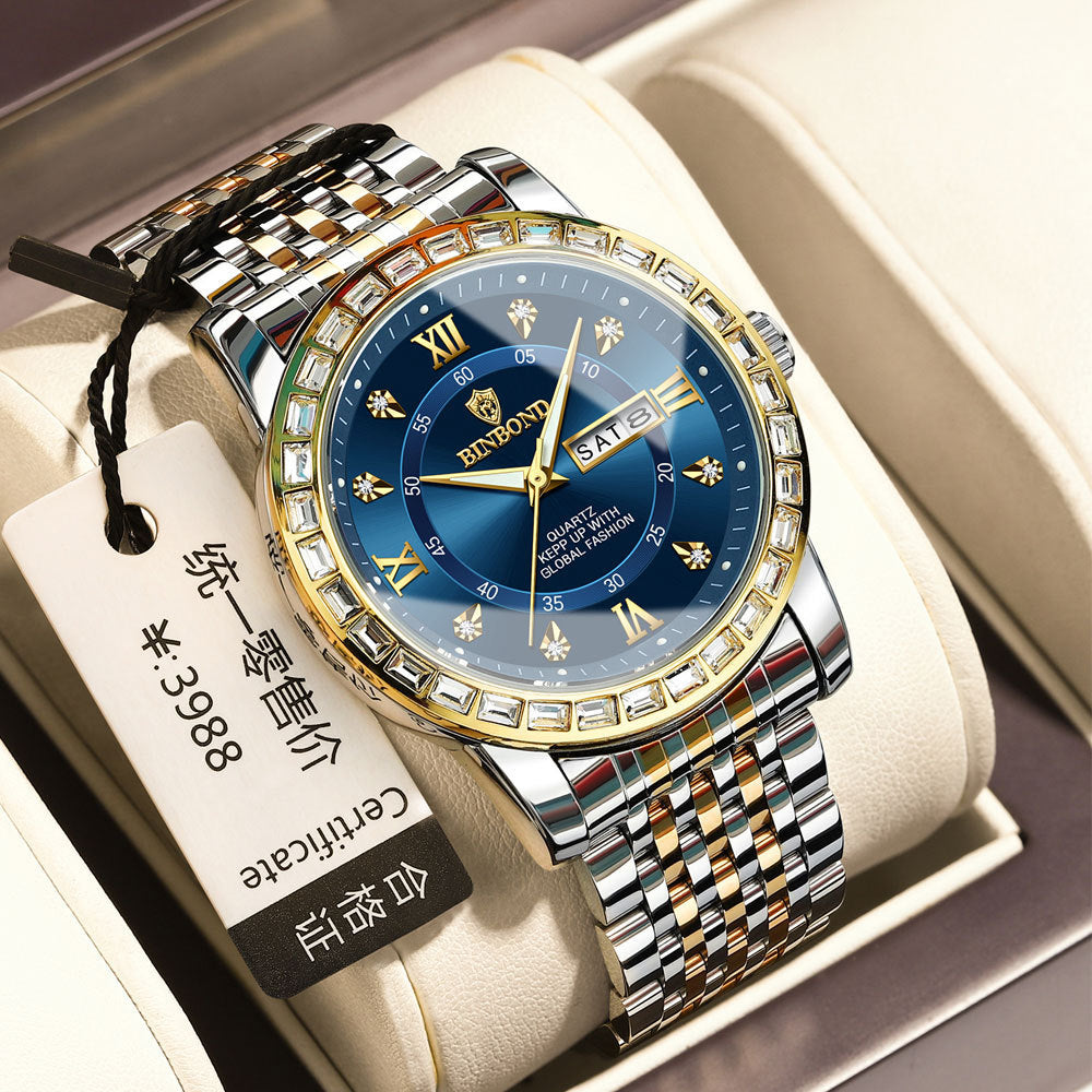 Business Diamond-embedded Mechanical Watch Double Calendar Waterproof Luminous - FASHIONKULTUR