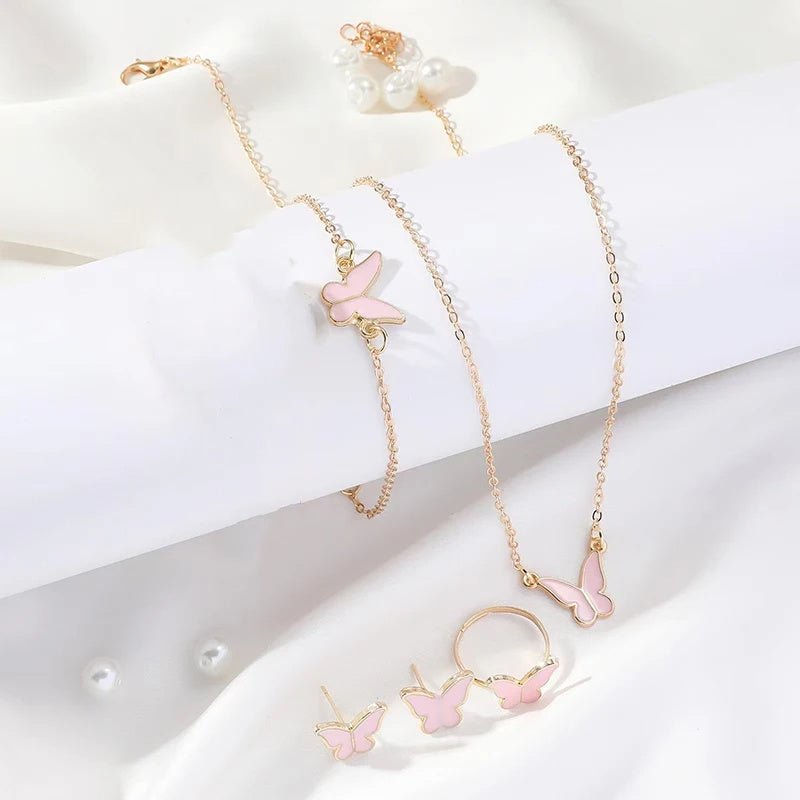 5PCS Fashion Butterfly Pendants Necklace Earrings Ring Bracelet Sets For Women Jewelry Set Bridal Wedding Jewelry Gift - FASHIONKULTUR