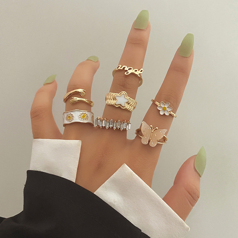 New Butterfly Star Diamond Daisy Flower Oil Drip Ring Set - FASHIONKULTUR
