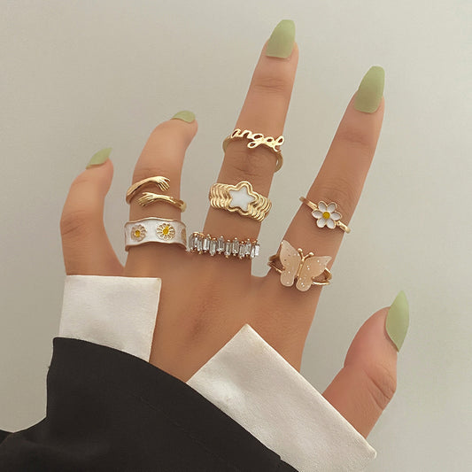 New Butterfly Star Diamond Daisy Flower Oil Drip Ring Set - FASHIONKULTUR