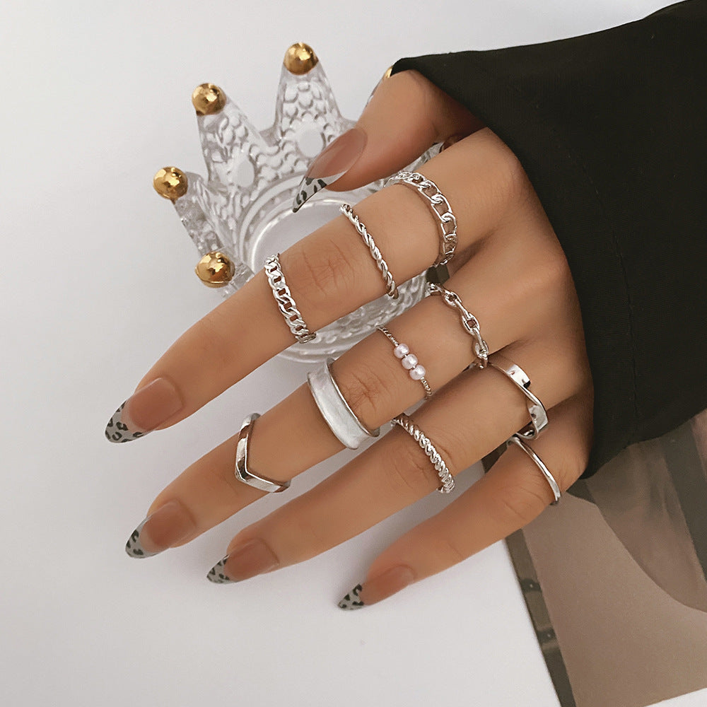 European And American Butterfly Pearl Ring 10-piece Metal Dripping Pearl Ring Wholesale - FASHIONKULTUR