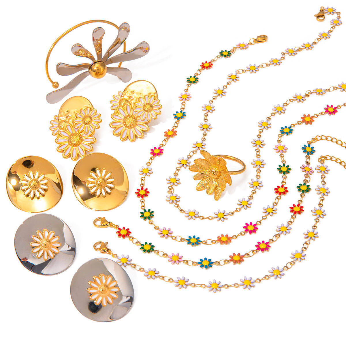 18K Gold Stainless Steel Chrysanthemum Stud Earrings Chain Necklace - FASHIONKULTUR