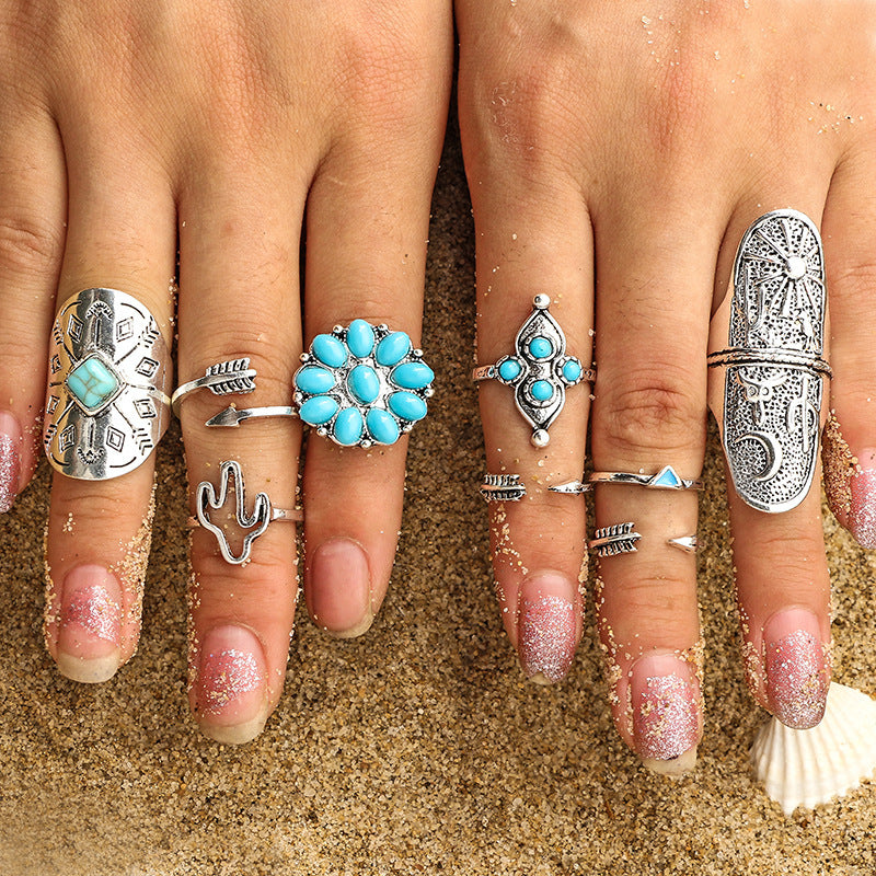 Turquoise Open 9-Piece Ring Set - FASHIONKULTUR
