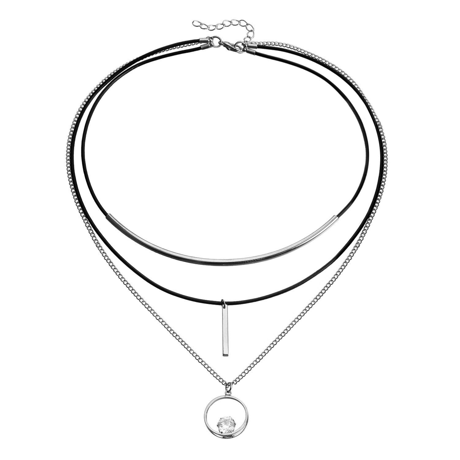 European And American Twin Multi-layer Cowhide String Geometric Triangle Zircon Pendant Necklace - FASHIONKULTUR