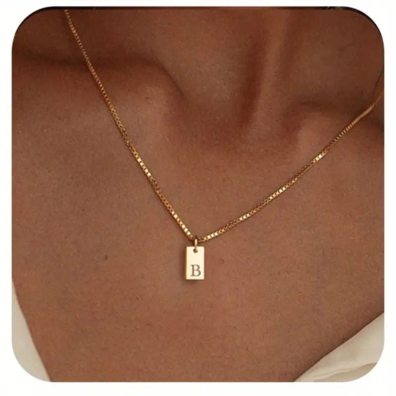 Stainless Steel Corrosion Carved 26 Letters Square Pendant Women's Necklace - FASHIONKULTUR