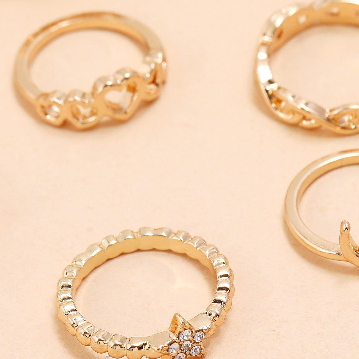 ECG Hollow Heart Star Moon Boat Anchor Square 8-piece Ring Set - FASHIONKULTUR