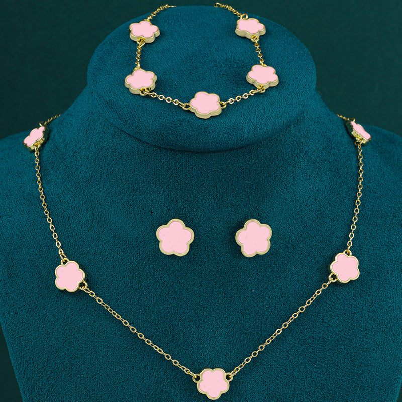 Lucky Five Petal Flower Ear Stud Necklace Bracelet Three-piece Set - FASHIONKULTUR