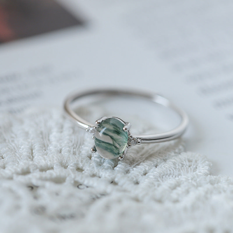 S925 Silver Green Moss Ring Water Plants Agate Female Finger Ring - FASHIONKULTUR