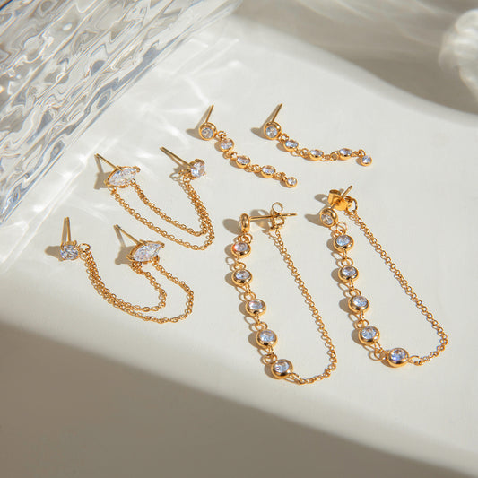 18K Gold Stainless Steel Tassel Casting Round Zircon Earrings - FASHIONKULTUR