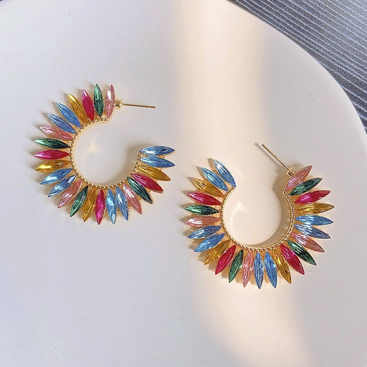 Colorful Glass Pointed Diamond C-shaped Large Earrings With Female Design Sense, Open Circular Alloy Diamond Inlaid Fashionable Earrings - FASHIONKULTUR