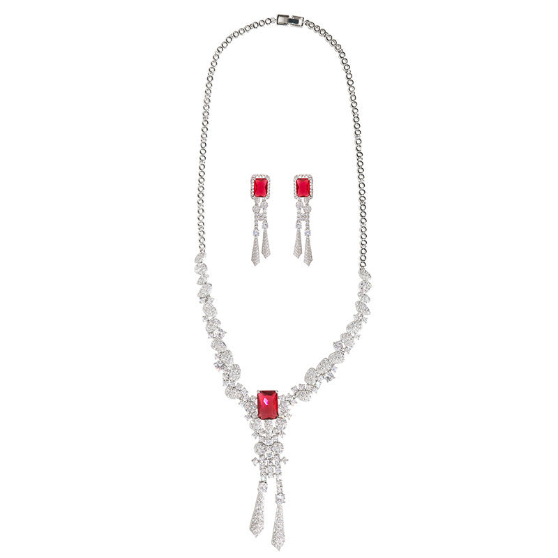 Full Diamond Flower Zircon Jewelry Suit Necklace Silver Pin Earrings - FASHIONKULTUR