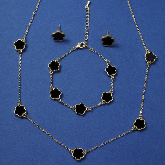 Lucky Five Petal Flower Ear Stud Necklace Bracelet Three-piece Set - FASHIONKULTUR