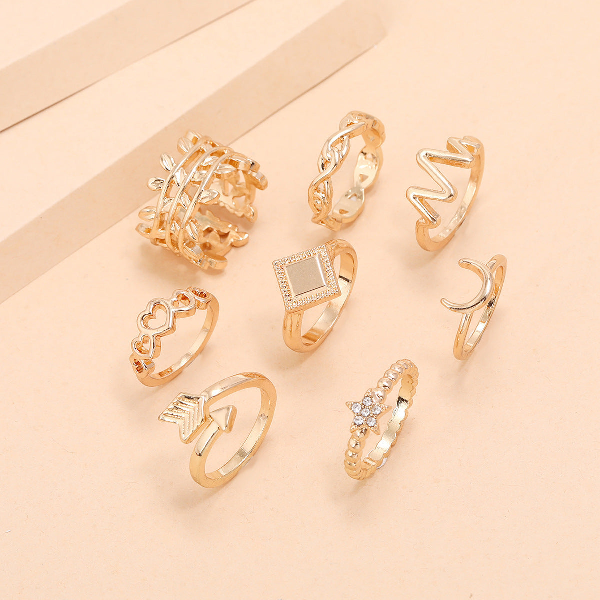 ECG Hollow Heart Star Moon Boat Anchor Square 8-piece Ring Set - FASHIONKULTUR