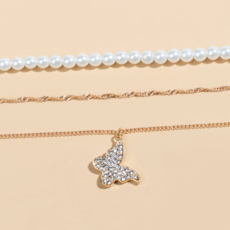 Exquisite Butterfly Multi-layer Pearl Pendant Necklace Set Women Shining Temperament Girlfriend Party Gift Fashion Jewelry - FASHIONKULTUR