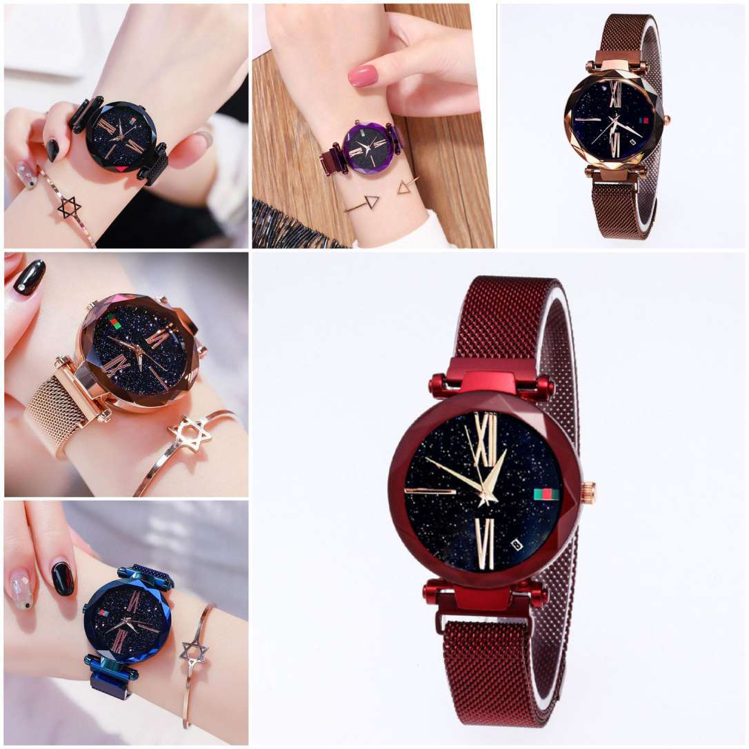 Luxury Women Watches Mesh Ladies Clock Magnet Buckle Starry Diamond Geometric Surface Quartz Wristwatch - FASHIONKULTUR