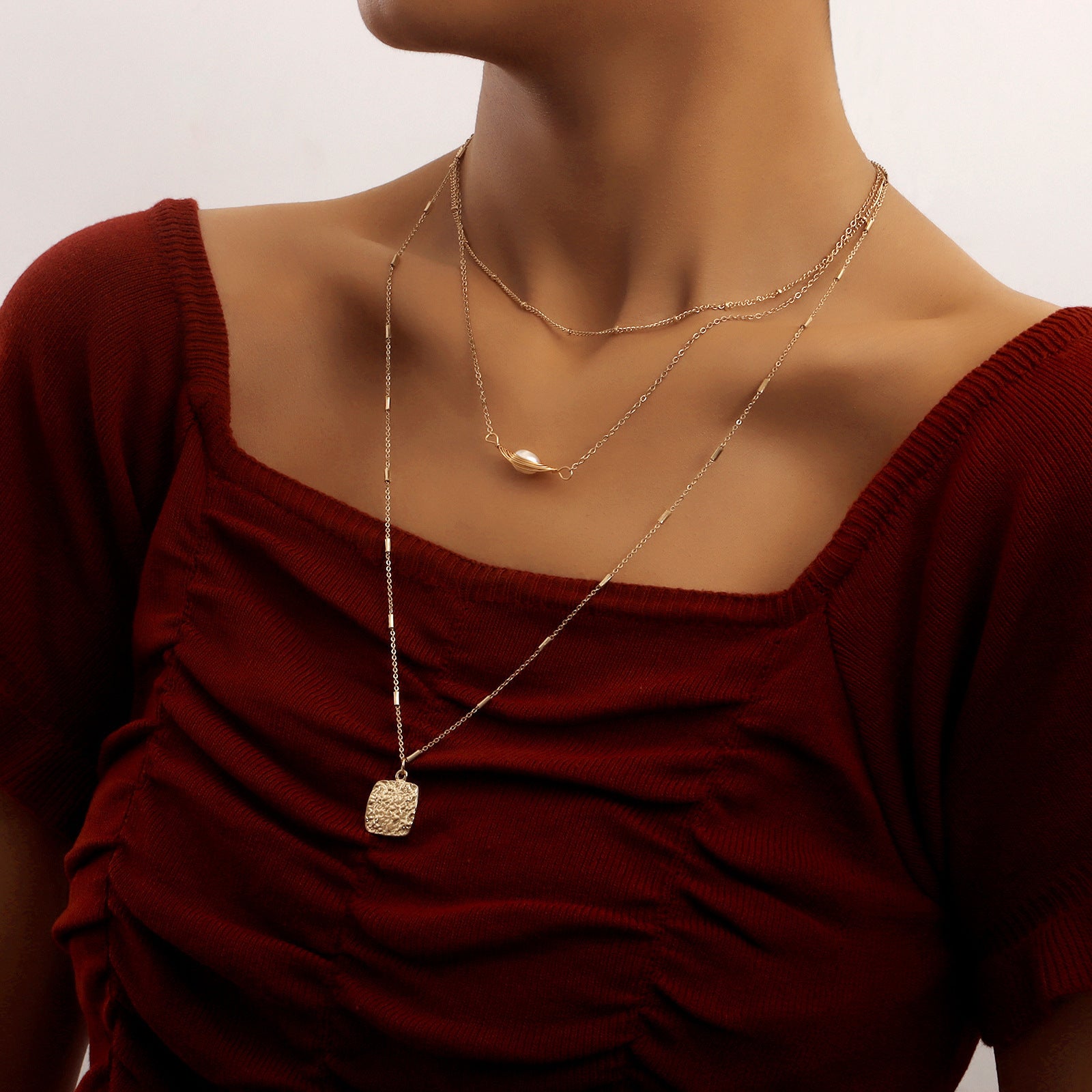 Jewelry Ins Multilayer Spider Web Pearl Square Pendant Necklace Women - FASHIONKULTUR