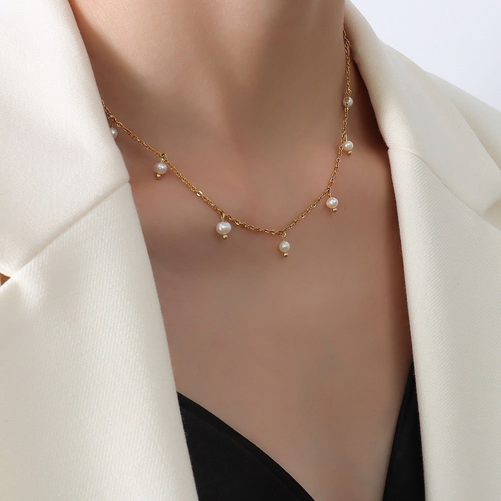 French Elegant INS Style Pearl Tassel Necklace 18K Gold Stainless Steel Necklace Ladies Temperament Collarbone Chain - FASHIONKULTUR