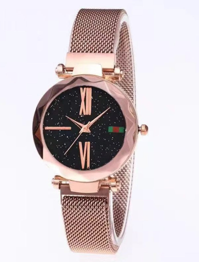 Luxury Women Watches Mesh Ladies Clock Magnet Buckle Starry Diamond Geometric Surface Quartz Wristwatch - FASHIONKULTUR
