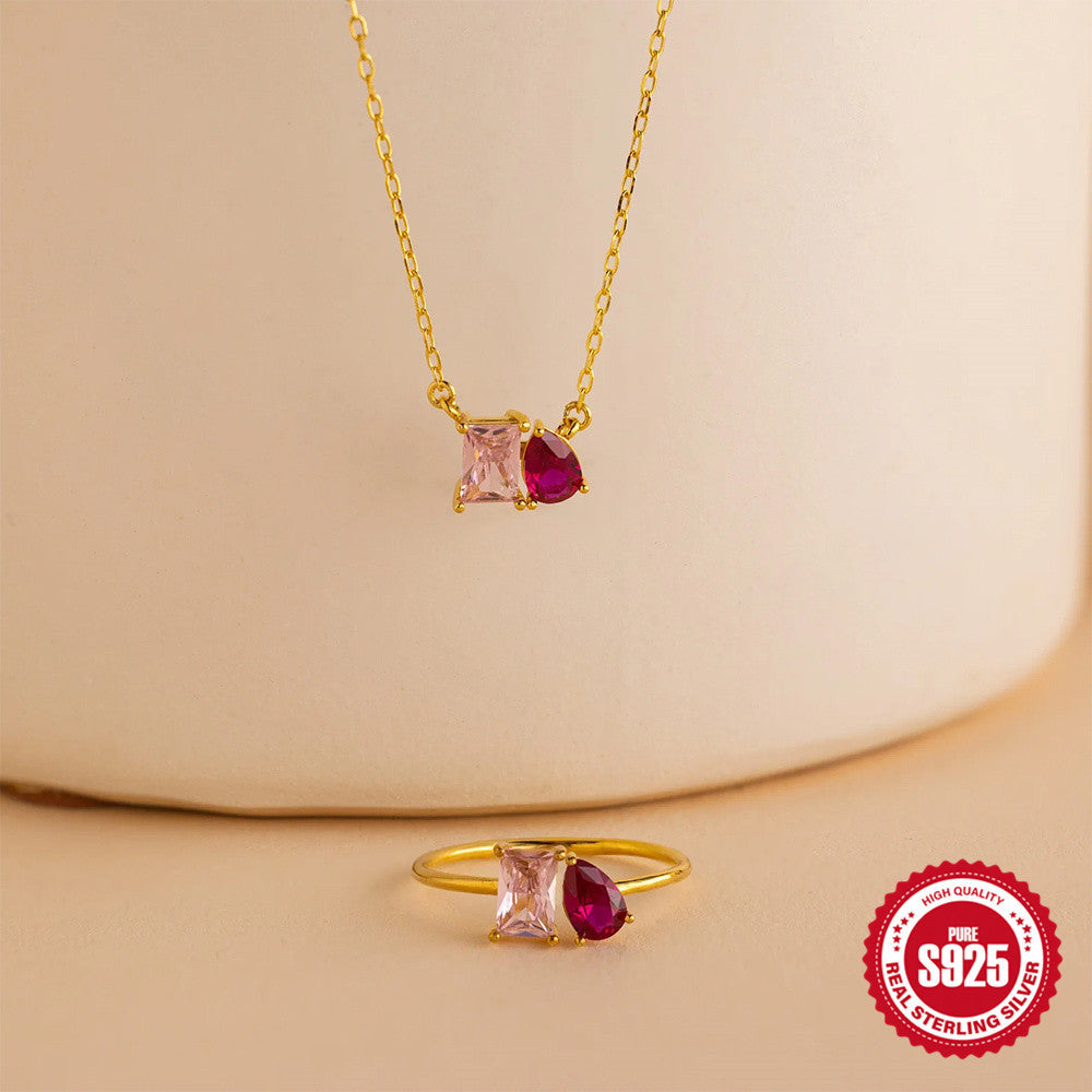S925 Sterling Silver Square Zircon Water Drops Necklace Ring Suit - FASHIONKULTUR