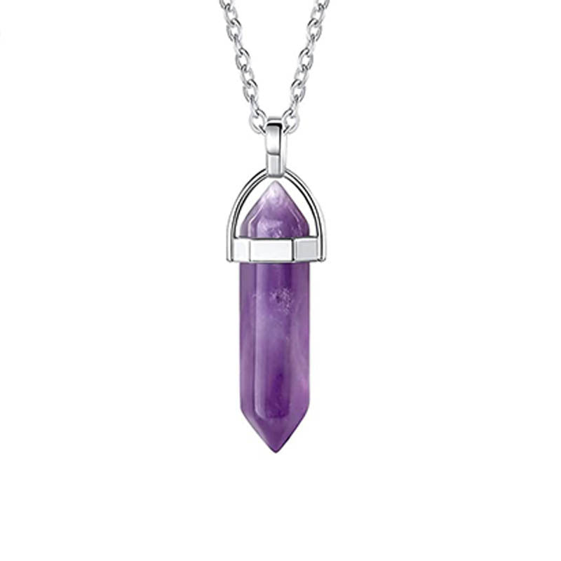 Natural Stone Amethyst Necklace Hexagon Prism Bullet Pendant Moonstone Wire Winding Pendant - FASHIONKULTUR