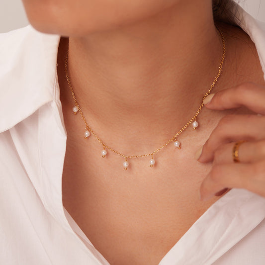 French Elegant INS Style Pearl Tassel Necklace 18K Gold Stainless Steel Necklace Ladies Temperament Collarbone Chain - FASHIONKULTUR