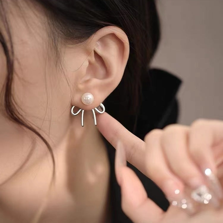 925 Sterling Silver Stud Earrings Light Luxury Shell Pearls Bow Special-interest Design - FASHIONKULTUR