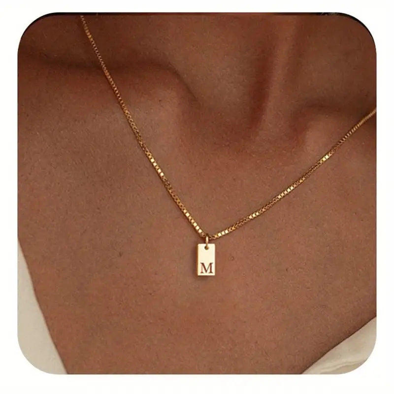 Stainless Steel Corrosion Carved 26 Letters Square Pendant Women's Necklace - FASHIONKULTUR