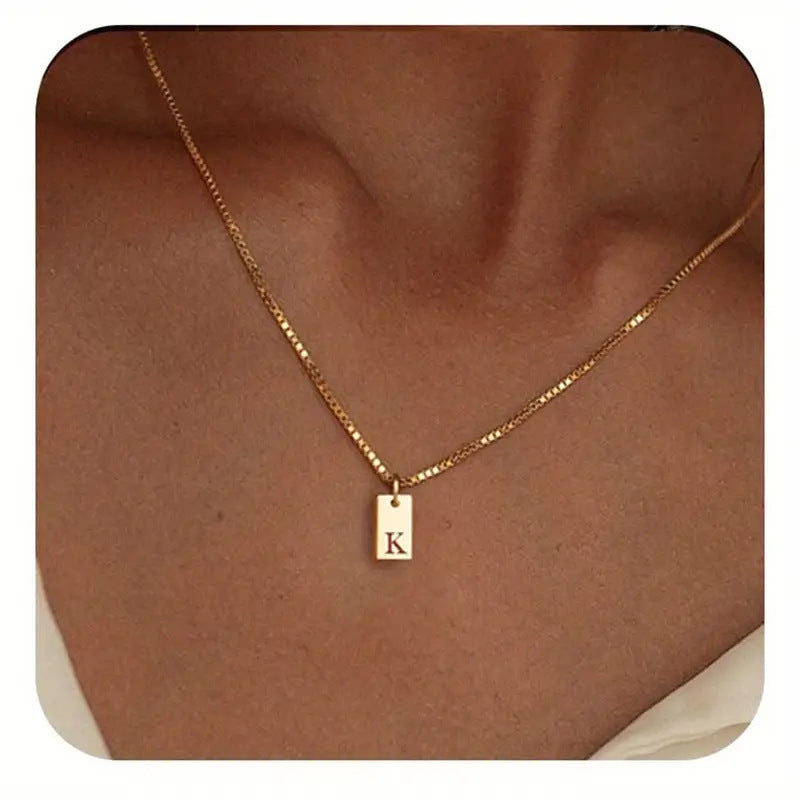 Stainless Steel Corrosion Carved 26 Letters Square Pendant Women's Necklace - FASHIONKULTUR