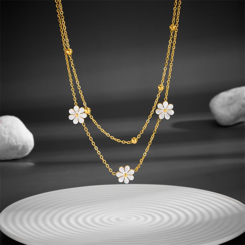 Fashion Jewelry Stainless Steel Flower DaisyFlower Necklace Double Layering Necklace Earrings Jeweley Set - FASHIONKULTUR