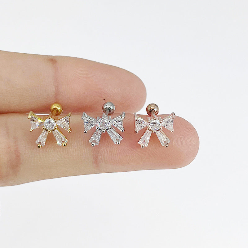 Stainless Steel Bow Pendant Zircon Stud Earrings Ear Bone Stud Piercing Ornament - FASHIONKULTUR