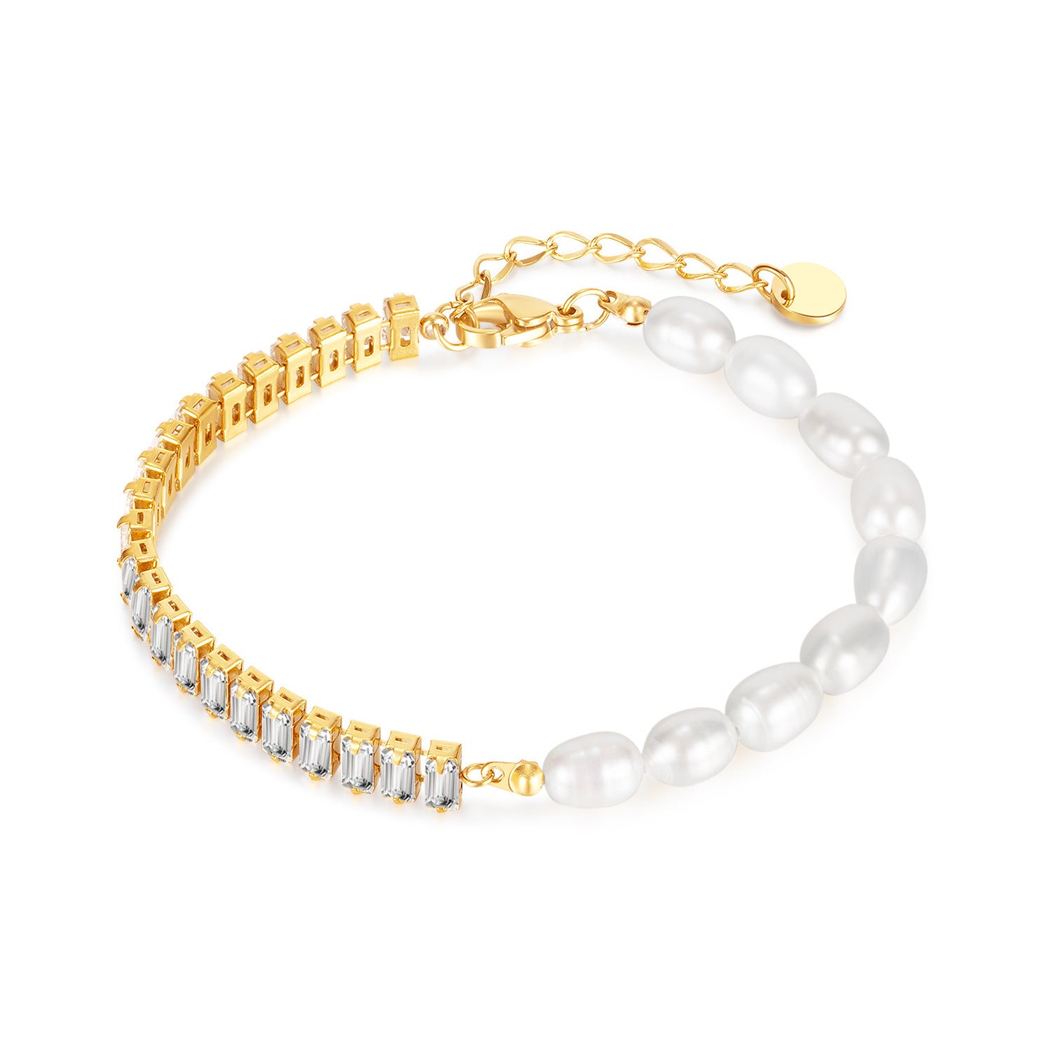 Stainless Steel Bracelet With Natural Freshwater Pearl And Chain Set Zircon - FASHIONKULTUR