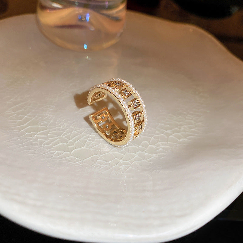 Pearl Hollowed-out Square Open-end Zircon Ring European And American Fashion Ring Female Jewelry - FASHIONKULTUR
