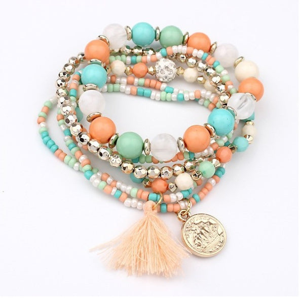 Bohemian head coin mixed color rice beads multi-layer bracelet tassel multi-layer elastic bracelet - FASHIONKULTUR