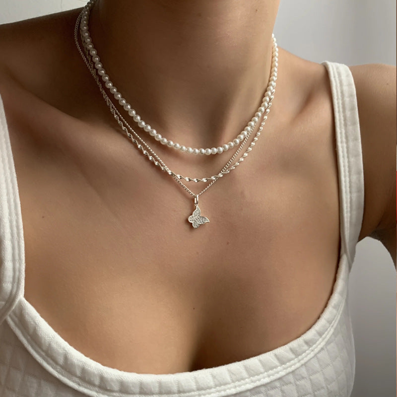 Exquisite Butterfly Multi-layer Pearl Pendant Necklace Set Women Shining Temperament Girlfriend Party Gift Fashion Jewelry - FASHIONKULTUR