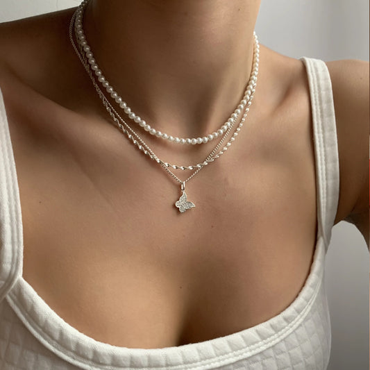 Exquisite Butterfly Multi-layer Pearl Pendant Necklace Set Women Shining Temperament Girlfriend Party Gift Fashion Jewelry - FASHIONKULTUR