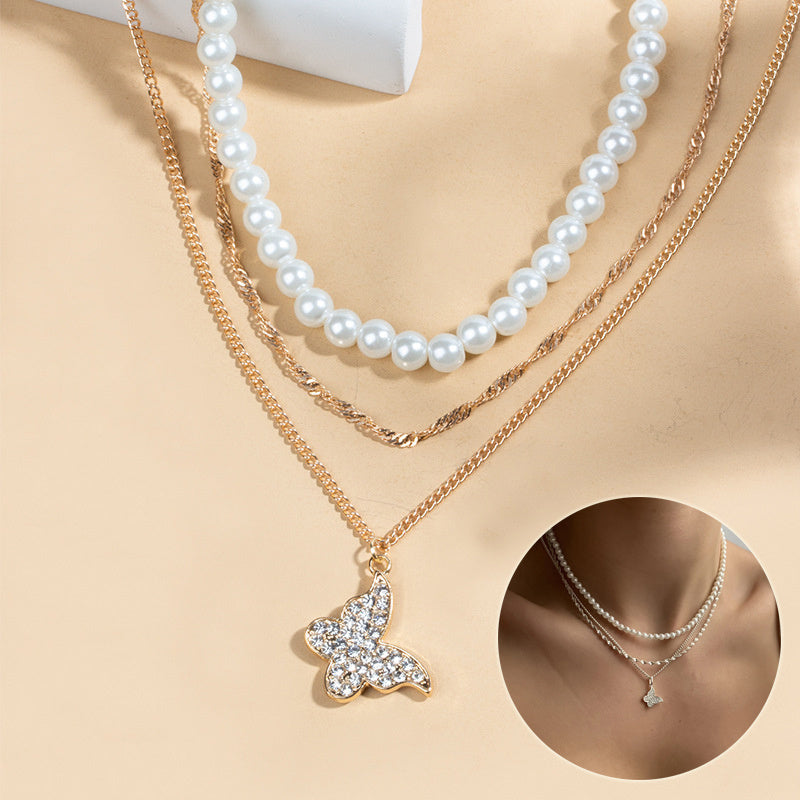 Exquisite Butterfly Multi-layer Pearl Pendant Necklace Set Women Shining Temperament Girlfriend Party Gift Fashion Jewelry - FASHIONKULTUR
