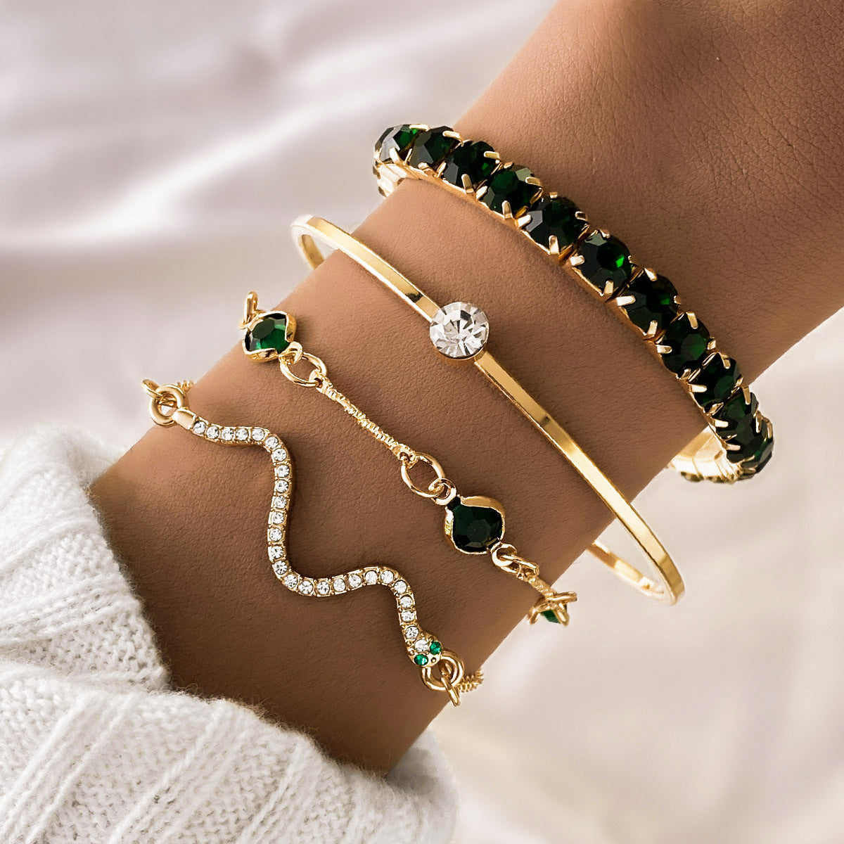 Fashion Green Grandmother Diamond Stretch Bracelet Women's 4-piece Set - FASHIONKULTUR