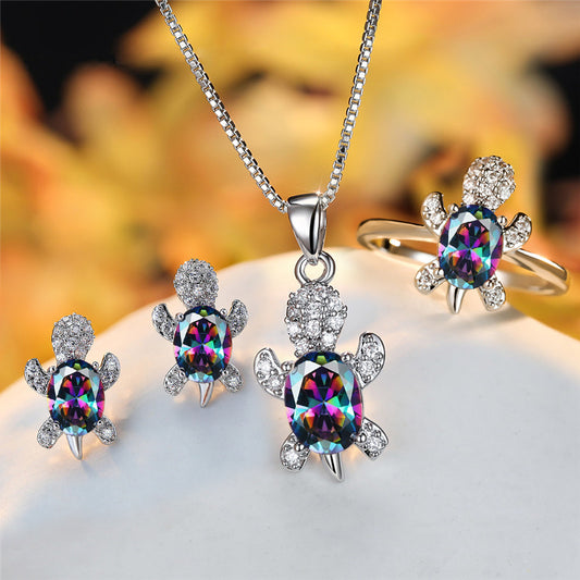 Fashion Oval Zircon Pendant Turtle Shape Necklaces With Rainbow Stone Multicolor Animal Necklace Jewelry For Woman And Children - FASHIONKULTUR