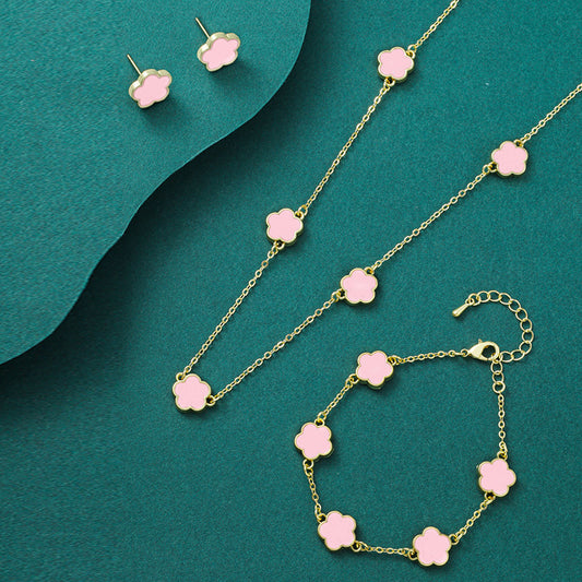 Lucky Five Petal Flower Ear Stud Necklace Bracelet Three-piece Set - FASHIONKULTUR